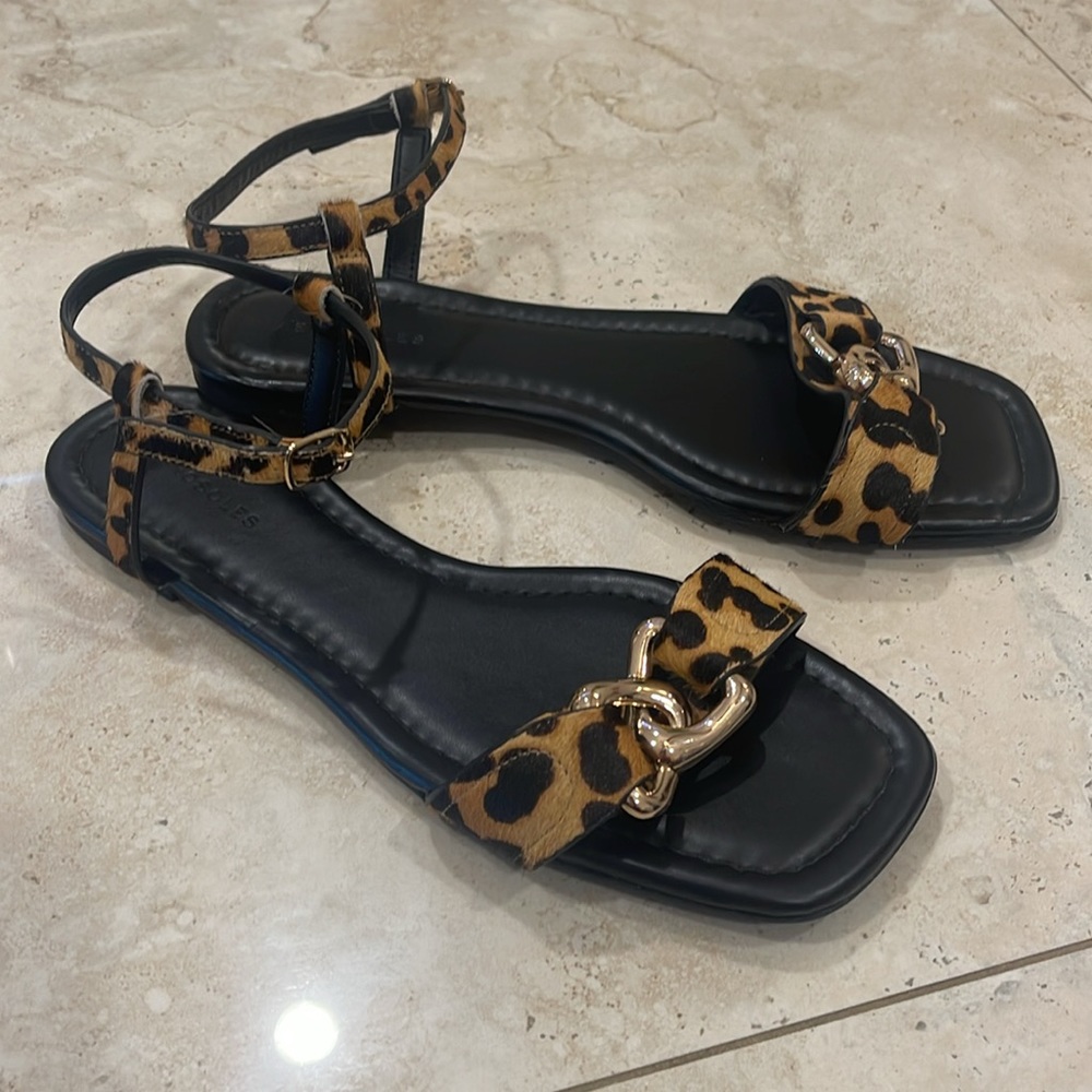 Aerosoles Black Leopard Print Open Slides Flat Strap Chain Sandals Sz 12